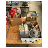 Assorted kitchen utensils, bear, cloths hangers