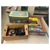 Books, elec knife, metal box