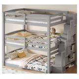 Gray Full Wood Triple Bunk Bed with Storage