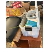 Totes, trash can, shelf unit