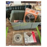 Assorted saw blades, plastic tote
