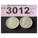 Two 1964 D uncirculated Roosevelt silver dimes