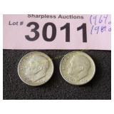 Two uncirculated 1964 D Roosevelt silver dimes
