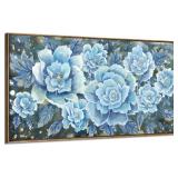 Blue Floral Canvas Wall Art 48x24
