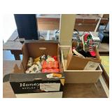 Assorted shoes, sparkling water