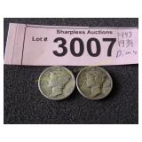 1939 and 1943 Mercury silver dimes