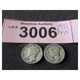1941 and 1945 Mercury silver dimes