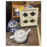 Assorted Teapots, Basket, Tea Box