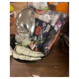 Halloween mask, skeleton hands, poncho, etc