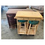 Wooden desk, cart with stools