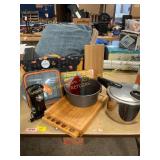 Cutting Bard w/Knives, Pots, Cushions, Etc