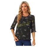 Allegra K Chiffon Blouses Round Neck Floral