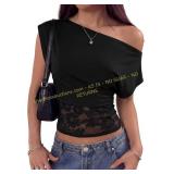 Sz XL Womens Off-Shoulder Lace Cinched Crop Top