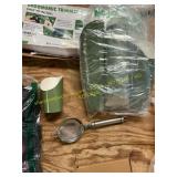 Fine mesh hand strainer, 50 green paper cups, 6"x6
