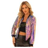 Allegra K Sequin Jacket Bomber Tops SzM