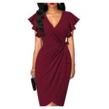 PINK Womens Deep V Neck Ruffle Dress Sz L