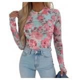 CHICME Womens Floral Mesh Long Sleeve Tops size l