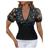 Sz L WDIRARA Floral Embroidery V-Neck Top Tee