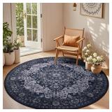 Boho Vintage Round Rug 6ft Non-Slip Navy Blue