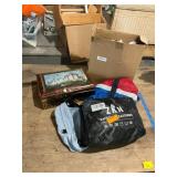 Hand bags, decorative tin, pool hose