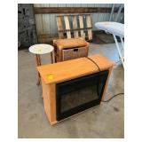 Table, wicker shelf, room heater
