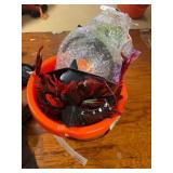 Feather mask, vampire teeth, misc