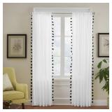 One panel Boho White Curtain 52x84 Black tassels