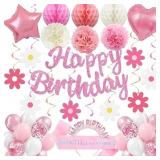 Pink Birthday Decorations Banner, Pompoms, and Bal