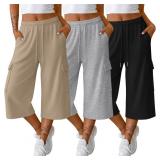 3 Pack Womens Capri Pants with 4 Pockets