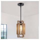 Farmhouse Metal Wood Geometric Pendant Light