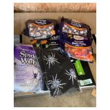 3 bags Halloween candy,2pk table cloth & fake webs