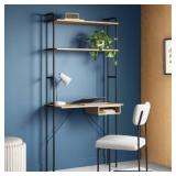 Wood and Metal Wall Storage Desk with Shelves