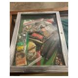 Display Case with Clock Weights, Lures, Cards, Etc
