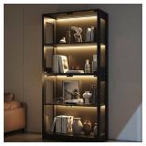 Black Wood 65in 4-Shelf Glass Door Bookcase