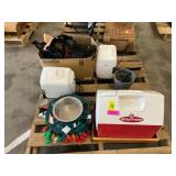 Cooler, holiday lights, mini fridges, flower pots