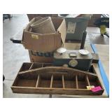 Jars, small crock, wood tool box, scale
