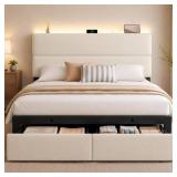 Queen Bed Frame with 2 Storage Drawers, Beige