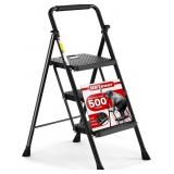 HBTower 3-Step Folding Ladder, 500lb, Black