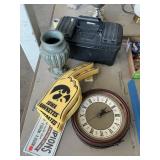 Clock, plastic tool box, vase, sign