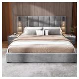 Gray Wood Frame King Velvet Upholstered Bed