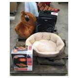 G. F. grill, suitcase, Dog bed, misc