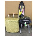 Char-Broil grill, hamper, drying rack, snow board