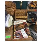 Pizza pans, wicker baskets, misc