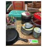 Tins, cast iron frypan, misc