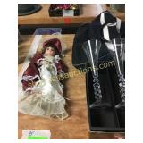 Doll, bag, glassware