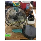 Fan, bowls, cast iron pan, misc