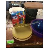 Picnic basket, plastic bowls, misc