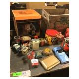 Canada dry wood box, tins, misc