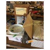 doll, mugs, cutting board