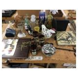 Bears clock, Coca cola bottles, misc